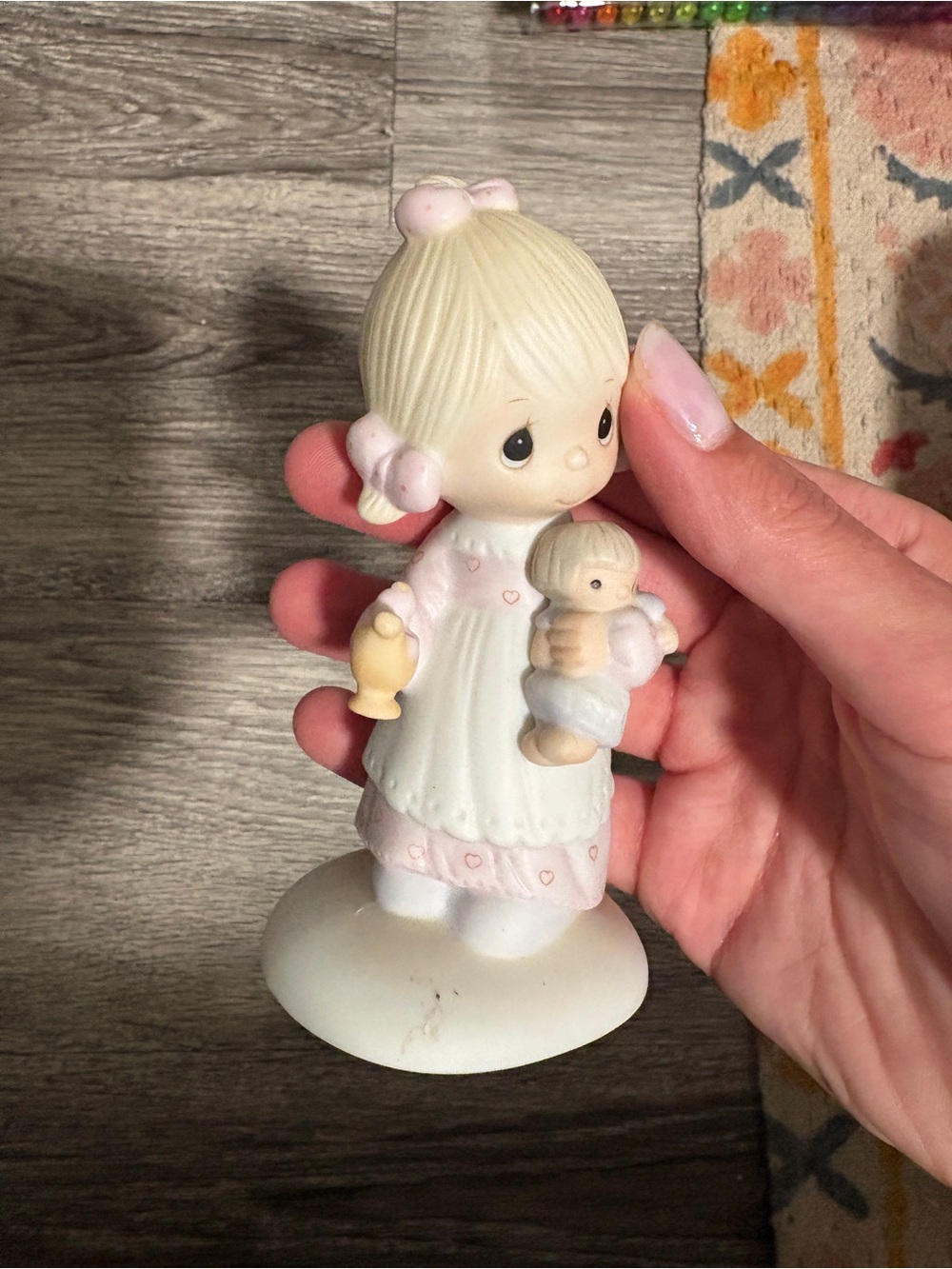 Precious Moments Little Girl Holding Baby Figurine - White and Pink